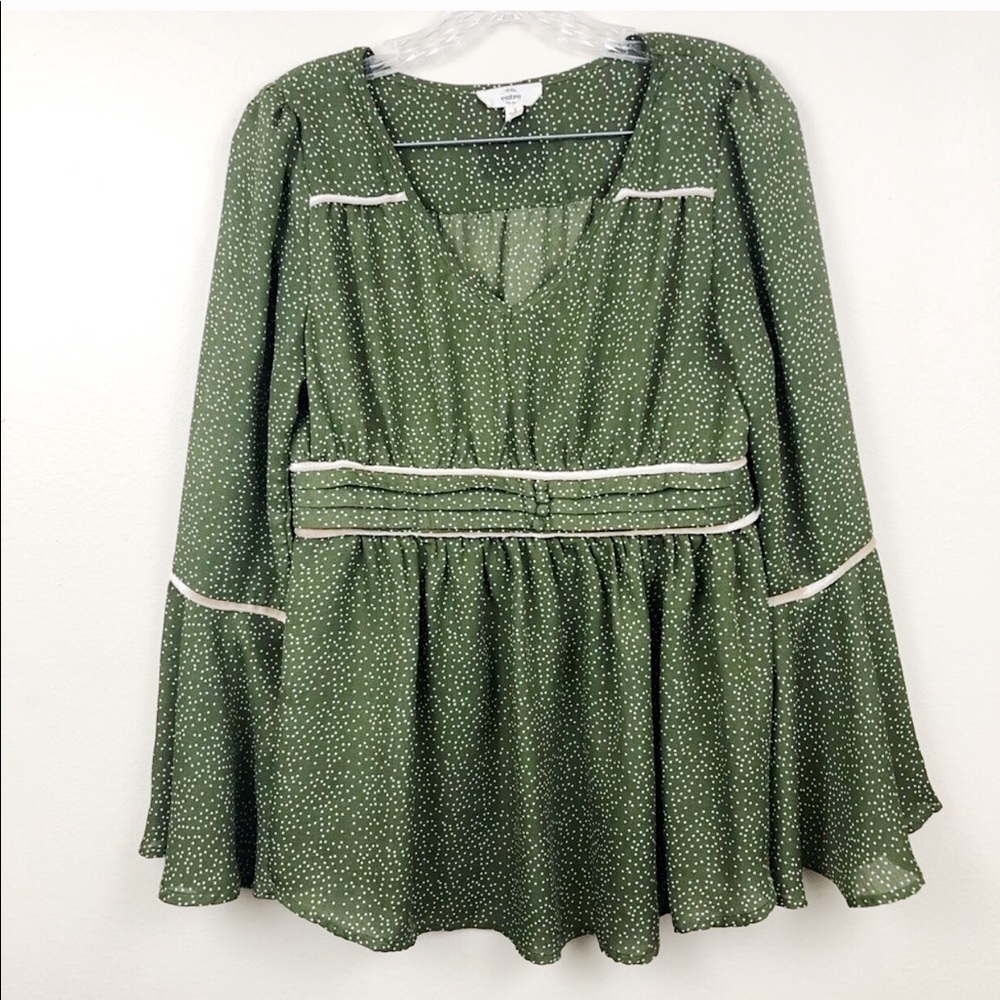 Entro Green Polka Dot Bell Sleeve Blouse Boho